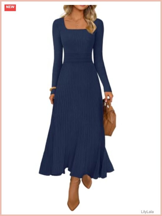 Dresses & Skirts - MEROKEETY Women's Sweater Dress Long Sleeve Square Neck Midi A-Line